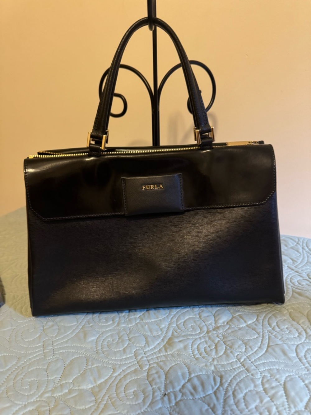 Authentic Furla Black Leather Top-Handle Satchel